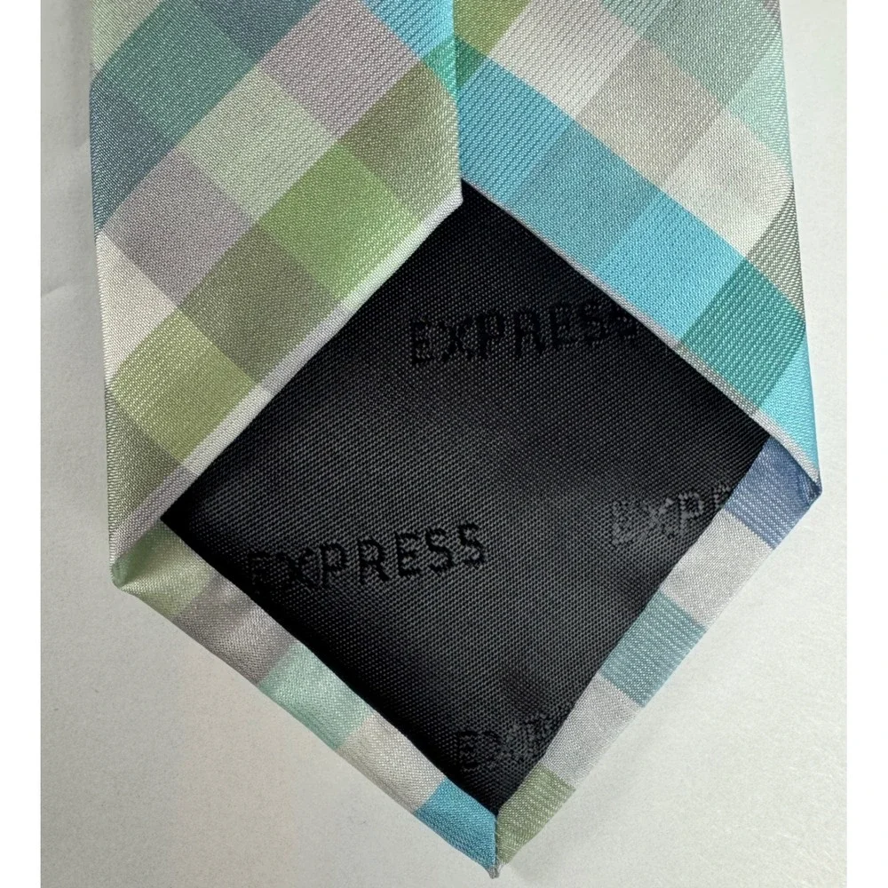 Express Mens Plaid Necktie Blue Green Grey Check Polyester New With Tags
